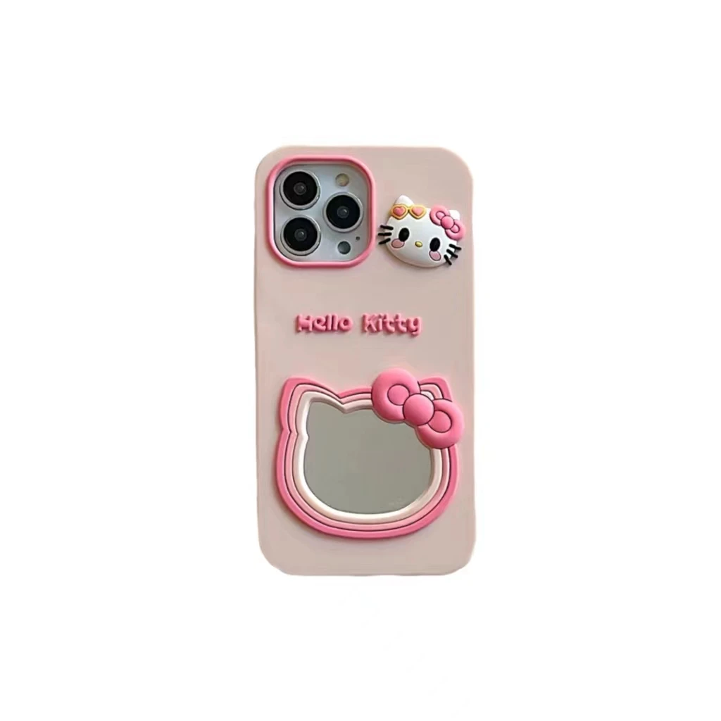 Female cute 3D KT cat makeup mirror silicon phone case for iphone 15