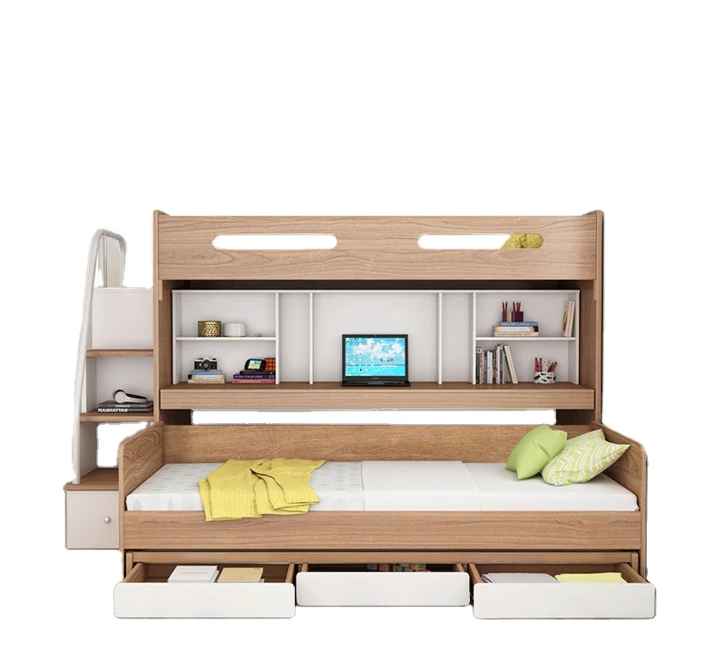 Nordic style  MDF  children there bunk bed with study table and storage drawer