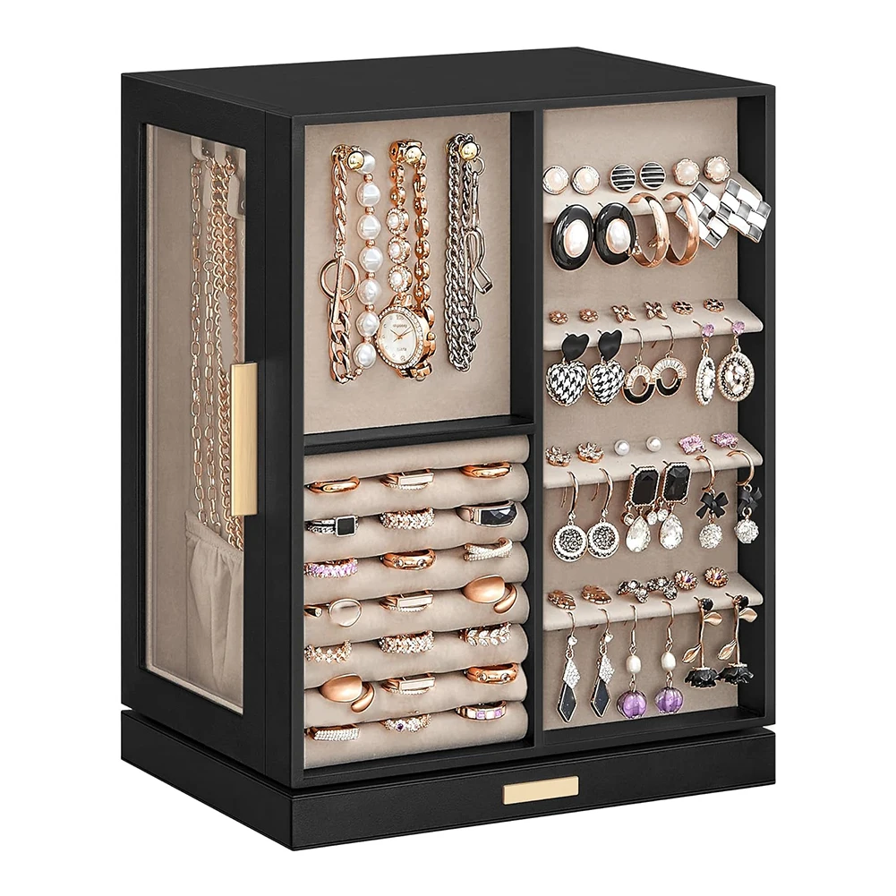 Rotating Glass Window Jewelry Storage Case with 5 Drawers  Big Jewelry Box Luxury Vertical Jewelry Storage