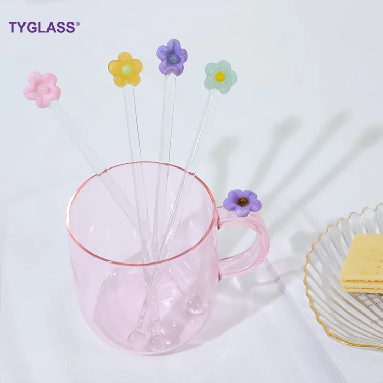 Creative High Borosilicate Colored Clear Glass Stirring Rod Cute Flower Ice Cream Dessert Coffee Glass Stirring Stick