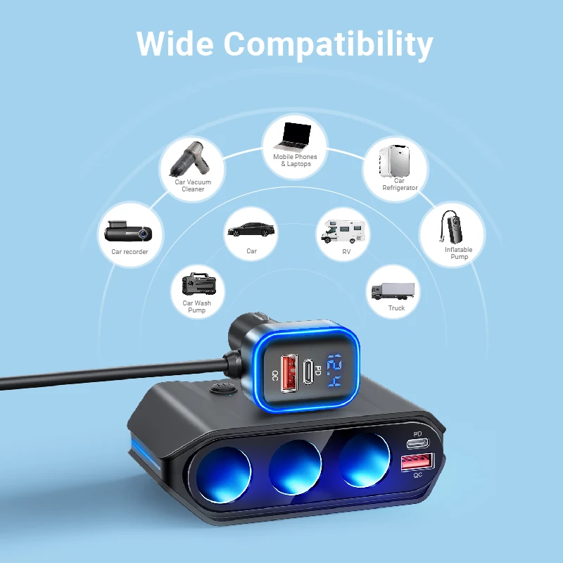 7 in 1 Car Charger With Separate Switch USB C Car Charger PD 45W Fast Charging for Multiple Devices Car Cigarette Lighter