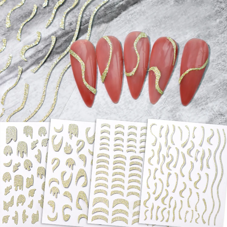 High quality Irregular line nail art decoration patch self-adhesive gold glitter nail sticker