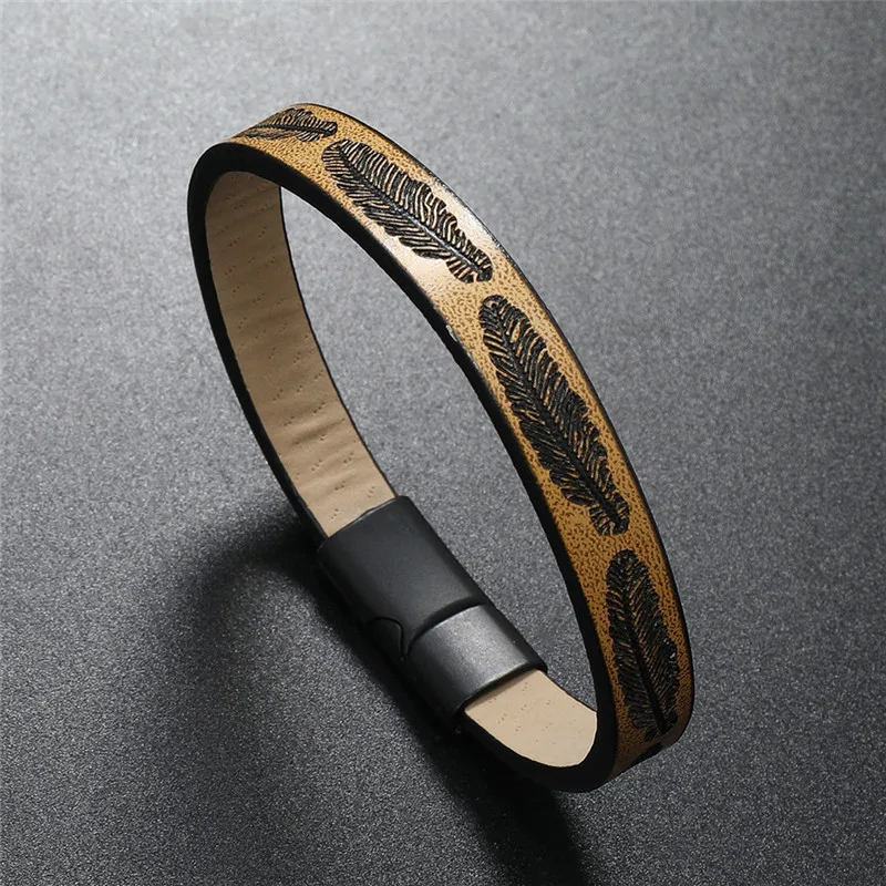 wholesale men jewelry magnetic clasp leather bracelet for men engraving leaf