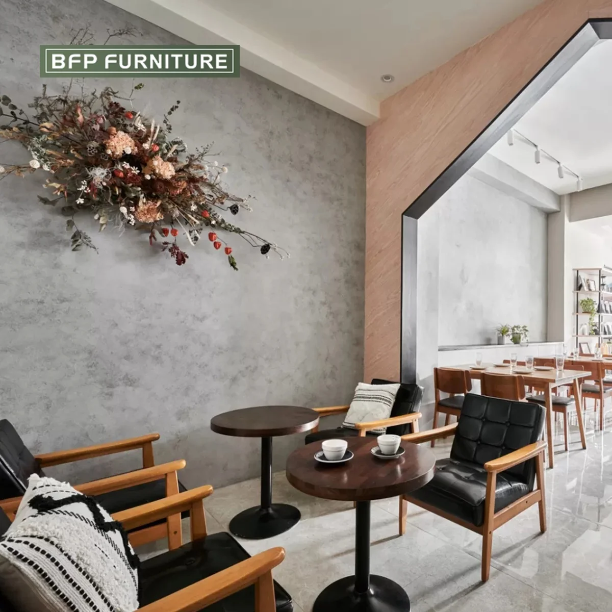 BFP Customized Dining Tables and  Chairs Sets Solid Wood Frame Metal Legs Fabric Microfiber Leather Soft Cushion Comfortable