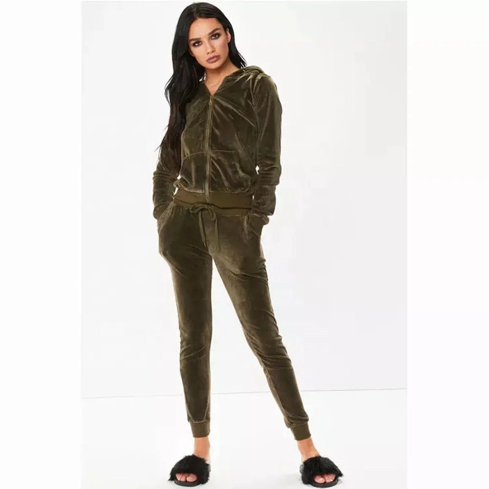 JL1026A Custom Hot selling velour tracksuit plus size womens zip up hoodie and jogger set 2pieces velvet suit for women