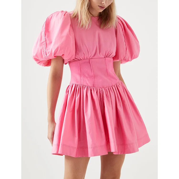 Custom Pretty Korean Dresses Wholesale Pretty Pink Short Dress Cotton Puff Sleeve Smocking Lotus Midi Casual Summer Dress Women