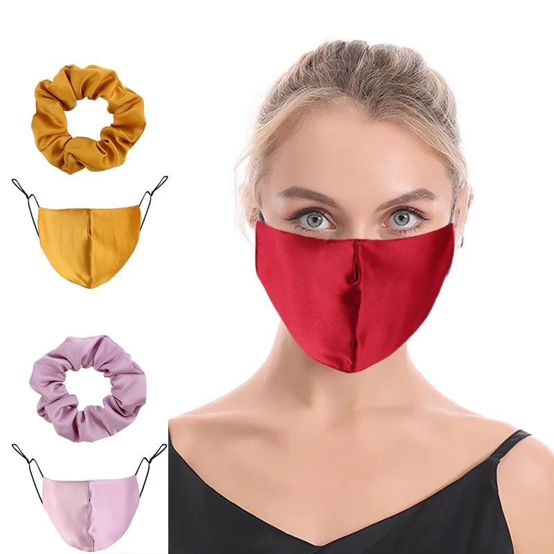 Amazon new style pure color silk face-mask hair tie combo set dustproof face-mask customizable set
