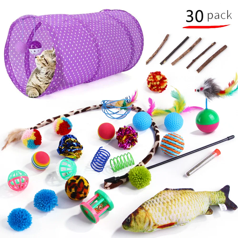 Wholesale Low Price cat toy combination 21pcs Set suit cat tunnel bell ball teaser stick mouse interactive cat toys