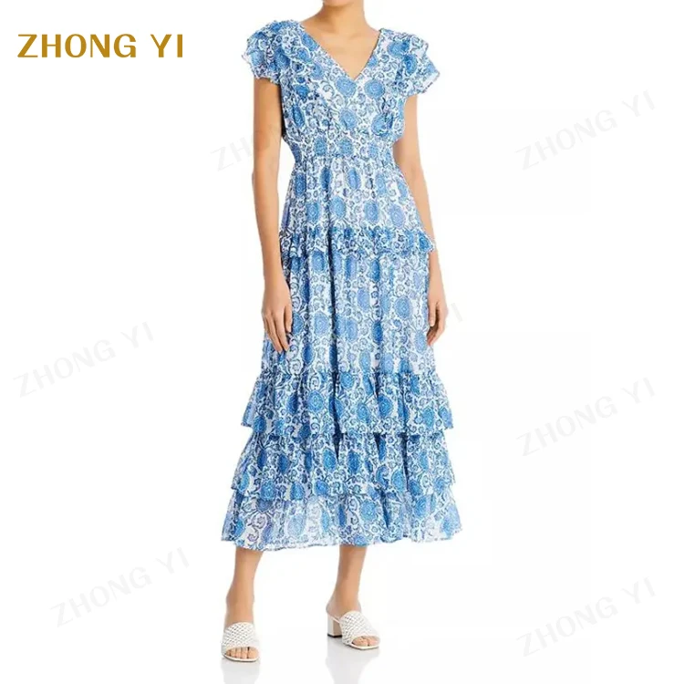 OEM Customized Clothing Chinese Style Printing Women Casual Dresses Blue And White Printed Floral V Neck Long Cotton Dresses