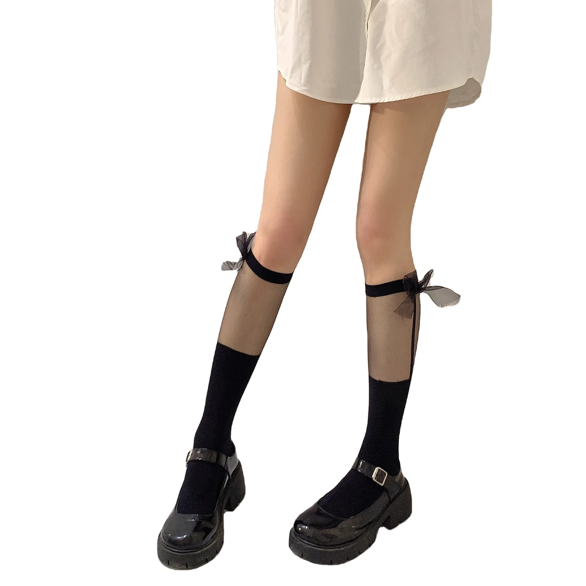 Dynamics Women Thin Socks Mid-calf Bow-knot Transparent Splicing Sexy Cute Stockings