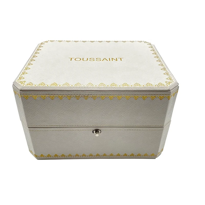 White Texured PU Leather Pocket Watch Box Octagonal Plastic Watch Box with Open Button