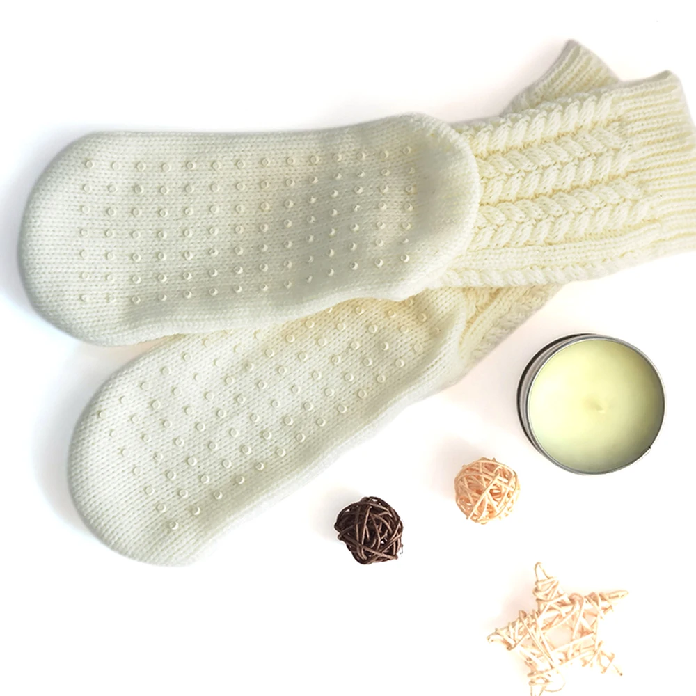 Long slipper socks with rubber sole for adults indoor household solid white knitted non-slip warmer floor socks