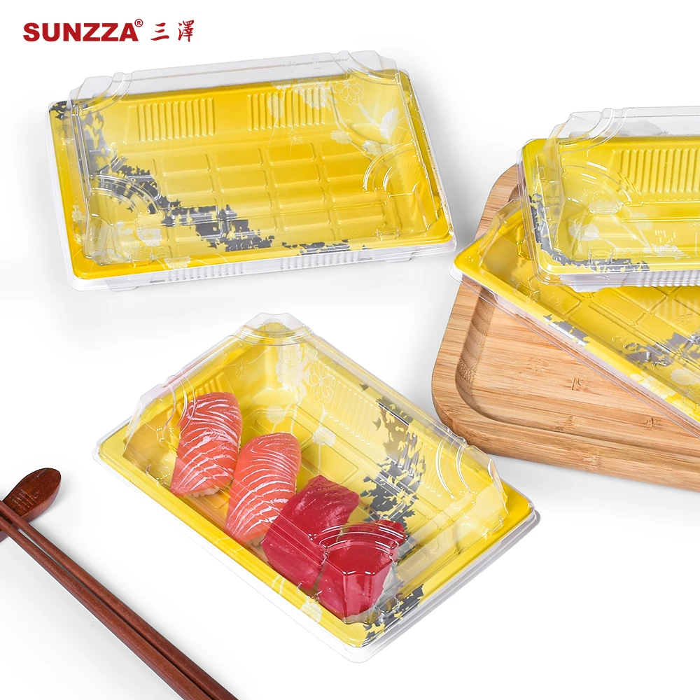 Sunzza OEM yellow disposable salmon food tray food grade to go rectangular plastic PET packaging box for sushi