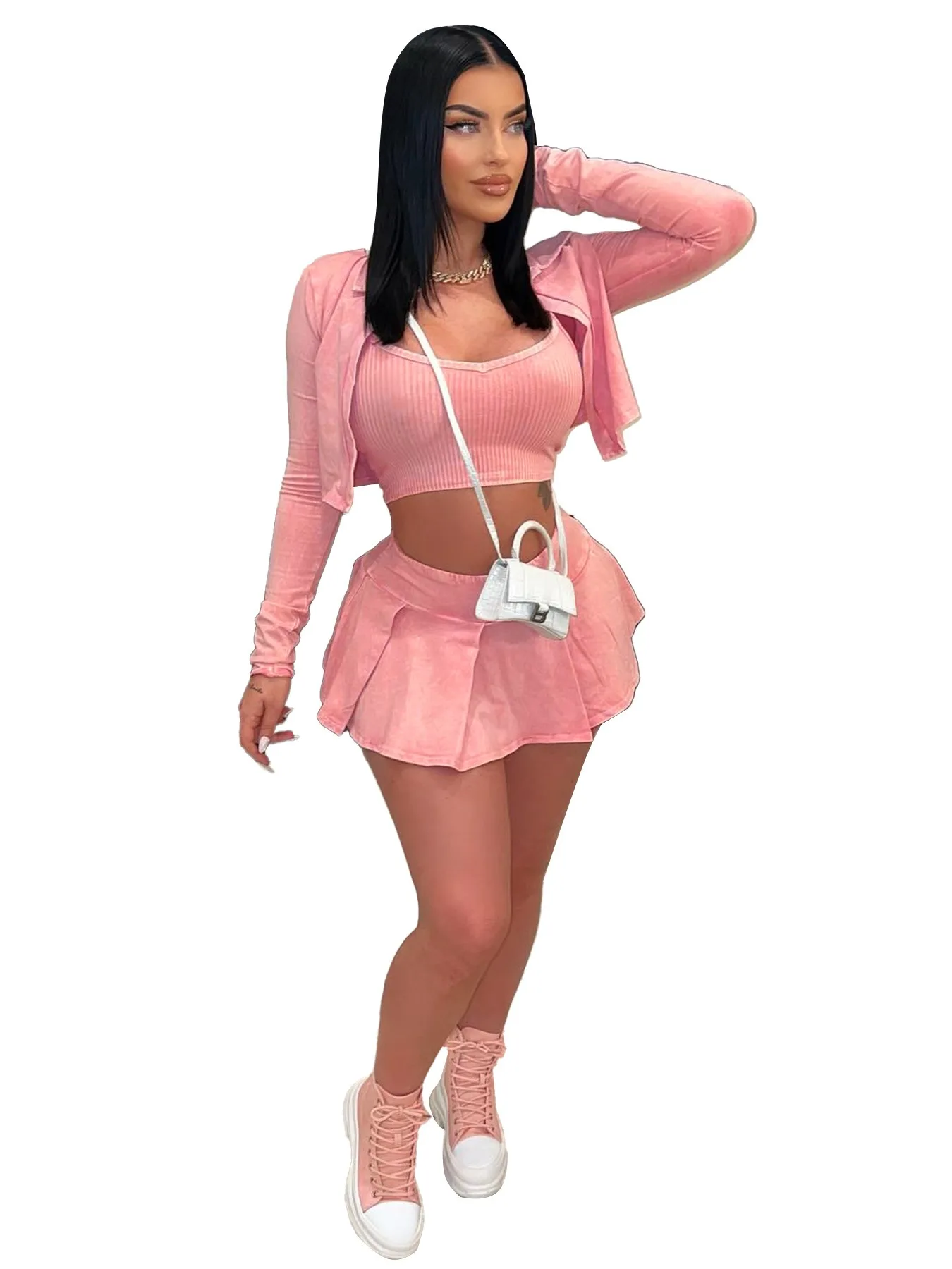 2024 Spring  Outfits Sexy 3 Pieces Set Women Long Sleeve Washed Shirts and Mini Skirts+Pants and Tank Top