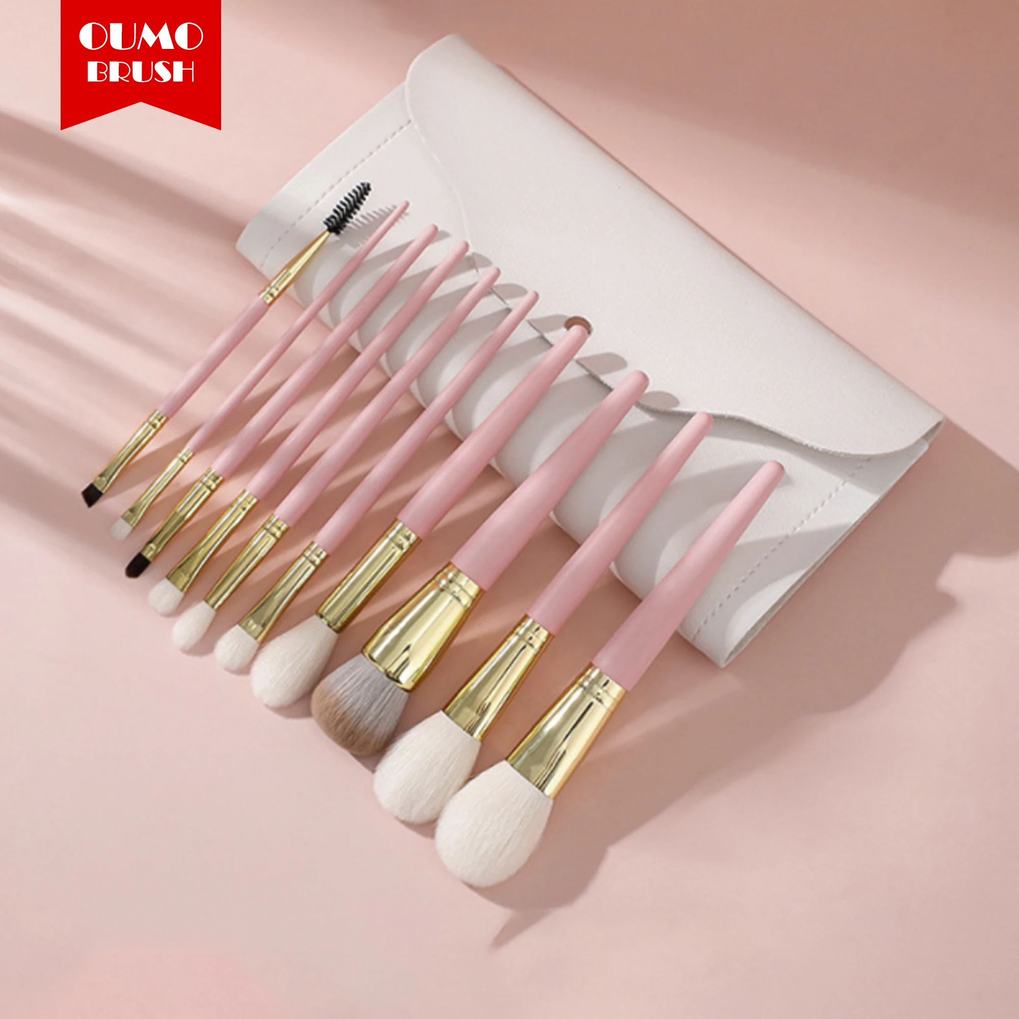 OUMO-- wholesale good quality 10pcs pink XGF goat hair makeup brush set with customer logo