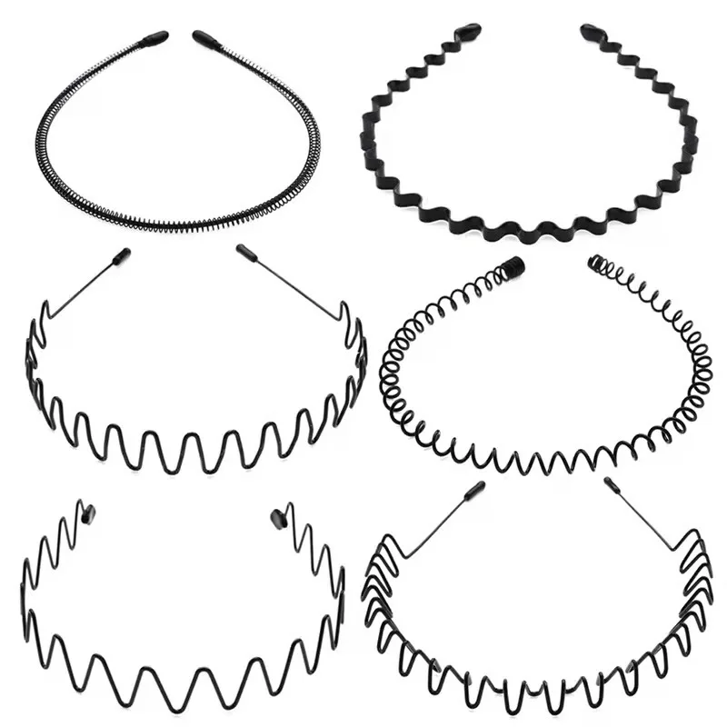 6PCS Metal Hairband Fashion Accessories for Men Women Black Non Slip Wavy Hair Hoop Headband
