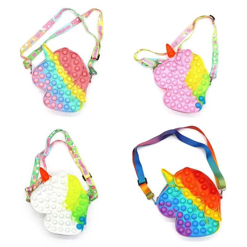 Yzora 2021 new rainbow mini bubble sensory fidgets kids silicone unicorn small crossbody shoulder messenger