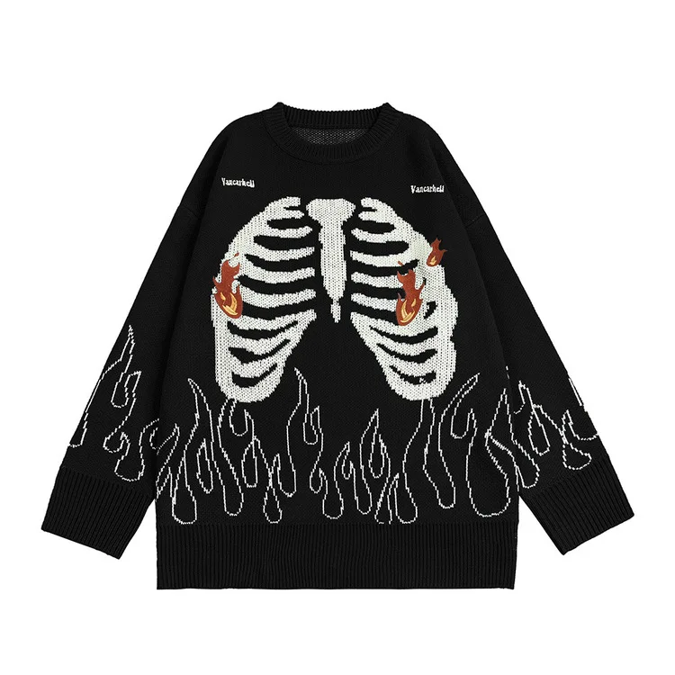 Custom Logo Fashion Designer Flame Bone Jacquard Crew Neck Pullover Cotton Knitted Sweater for Men