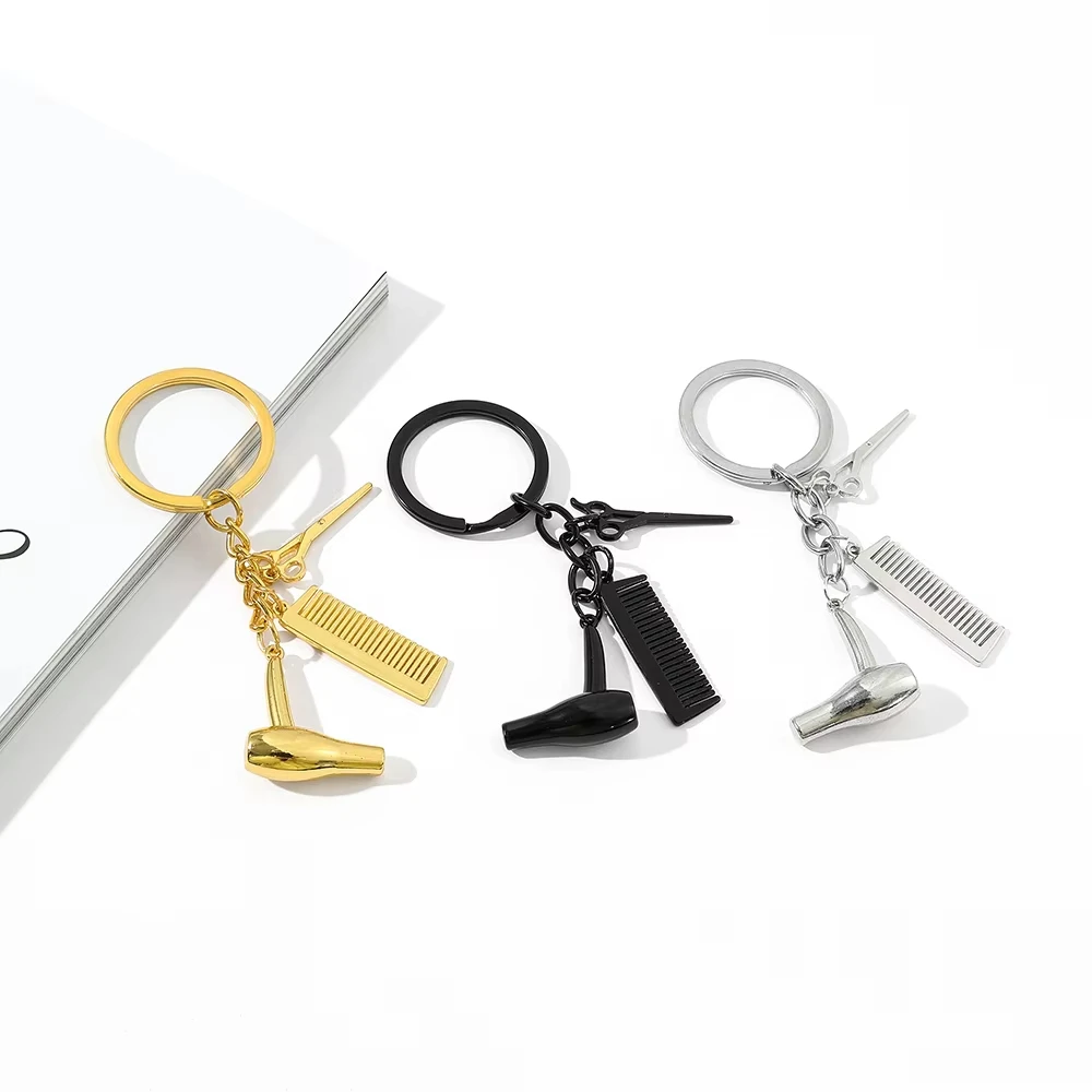 Multifunctional Metal Keychain Hairdryer Scissors Comb Model Keyring Steel Personalized Hairdresser Key Chain