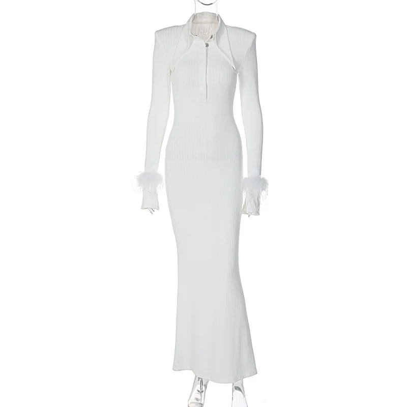 Elegant White Long Sleeve Polo Maxi Women Party Shirt Dresses With Feathers
