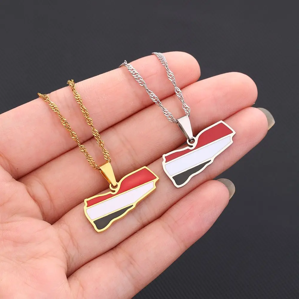 Fashion Popular Custom Peace Geometric Stainless Steel Jewelry Gold Plated Silver Yemen Map Flag Pendant Chain Necklace