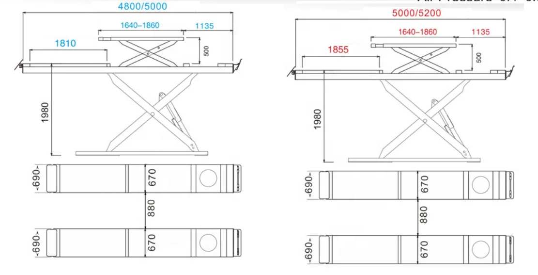 Vehicle Factory 5500kg 12100lbs underground type hydraulic scissor car lift automotive scissor lift for alignment