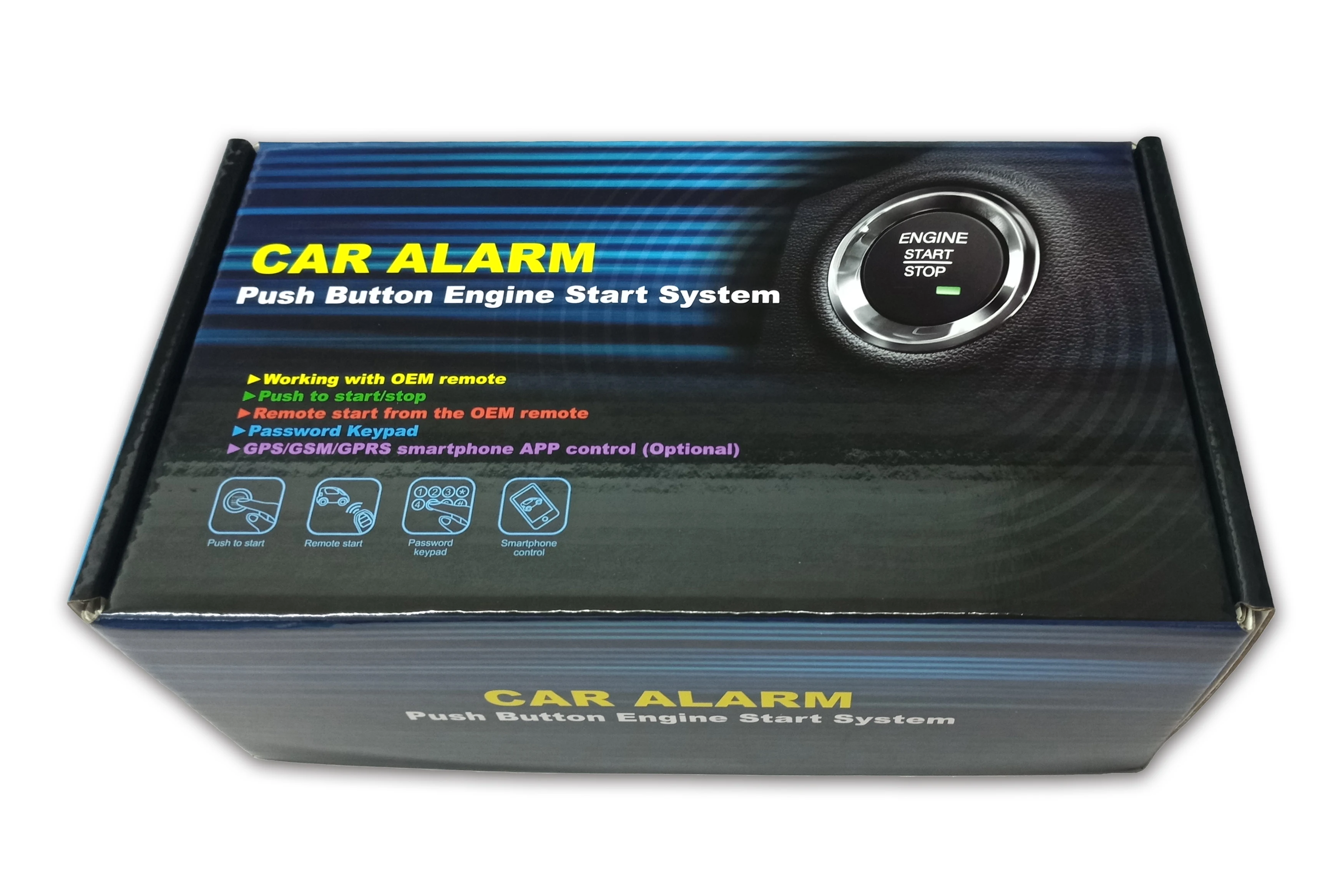 Auto rearming Car alarm push button engine start stop system with selectable push to start/remote start engine crank time