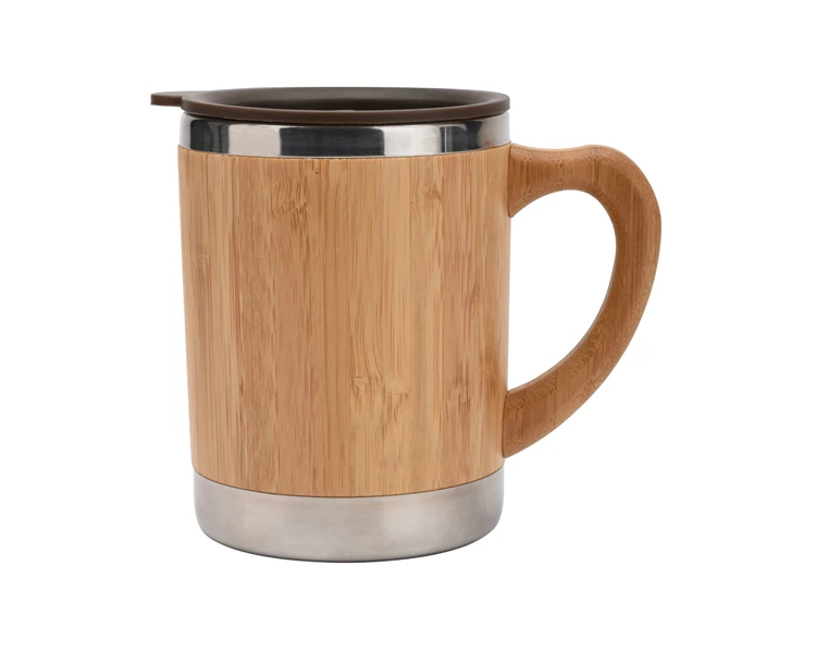 Eco Friendly Vacuum Insulated 18/8 Stainless Steel Double Wall Bamboo Coffee Mugs With Handle