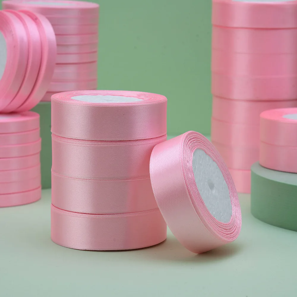 custom Pink Ribbon Polyester 0.6cm 25mm 25yard Single Sided Wedding Decoration Gift Ribbons roll