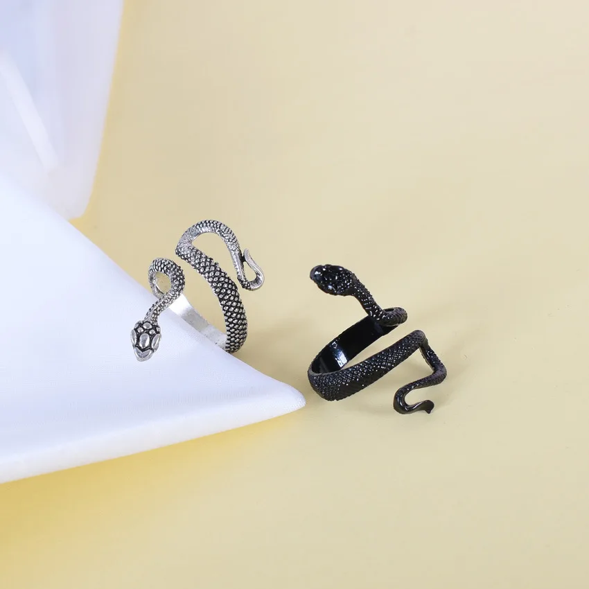 Retro Punk Snake Ring for Men Women Exaggerated Antique Fashion Personality Opening Adjustable White Gold Skull Snake Rings