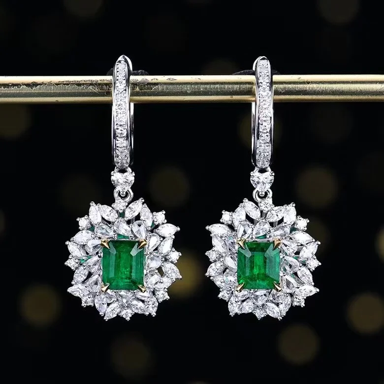 MEDBOO Fine Jewelry Custom Real 18k White Gold 1.29 Carats Emerald Cut Jewellery Natural Gemstone Afghanistan Emerald Earrings