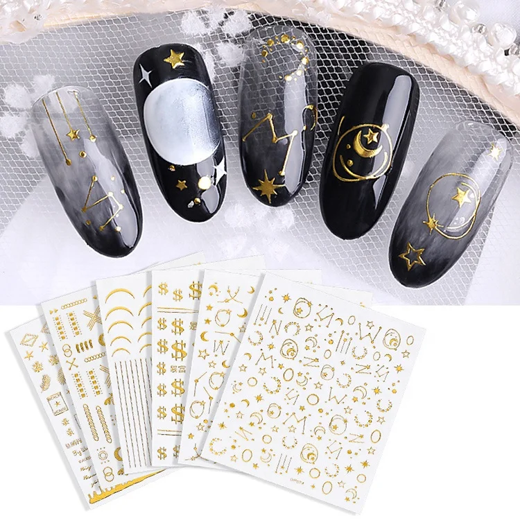 Wholesale fashion gold 3D nail sticker for nail art decoration star moon adhesive diy nail decals charms wraps supplier