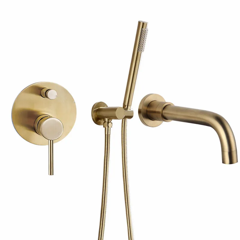 New Design Brass Wall Side Mounted 3 Hole With Sprayer Brushed Gold Bathtub Shower Faucet Set