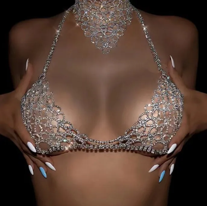 Wholesale Luxury Crystal Flower Nipple Bra Chain Body Jewelry for Women Bikini Beach Dance Fashion Jewelry Set