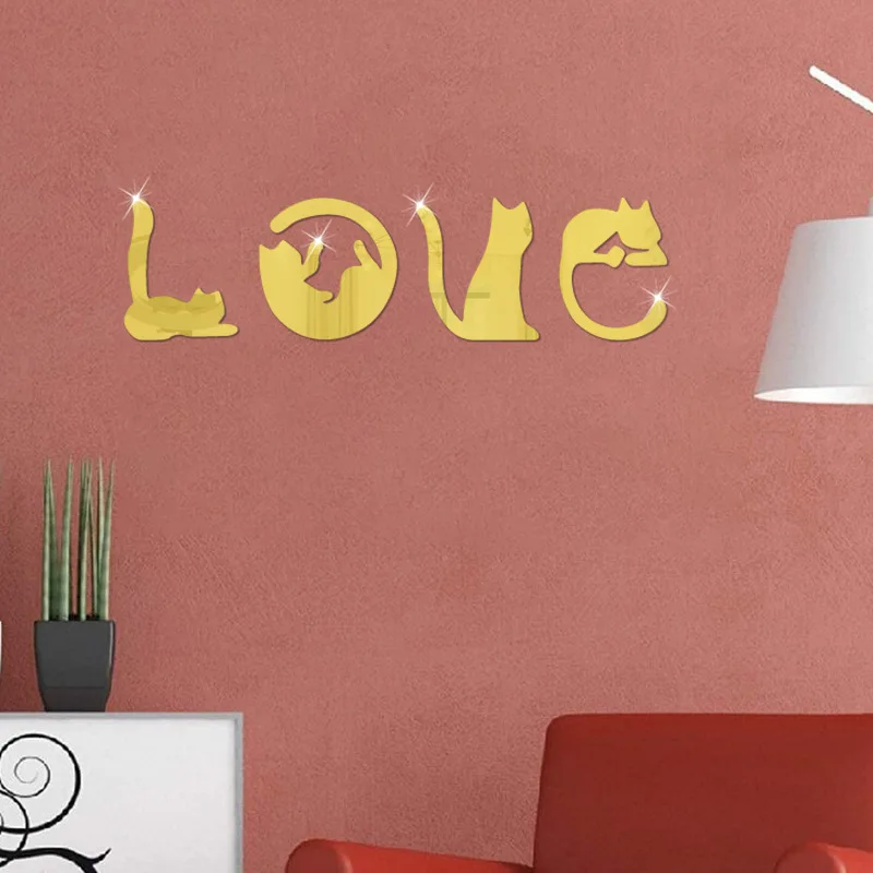 Acrylic wall sticker cat LOVE living room bedroom wall creative self-pasting background wall decoration