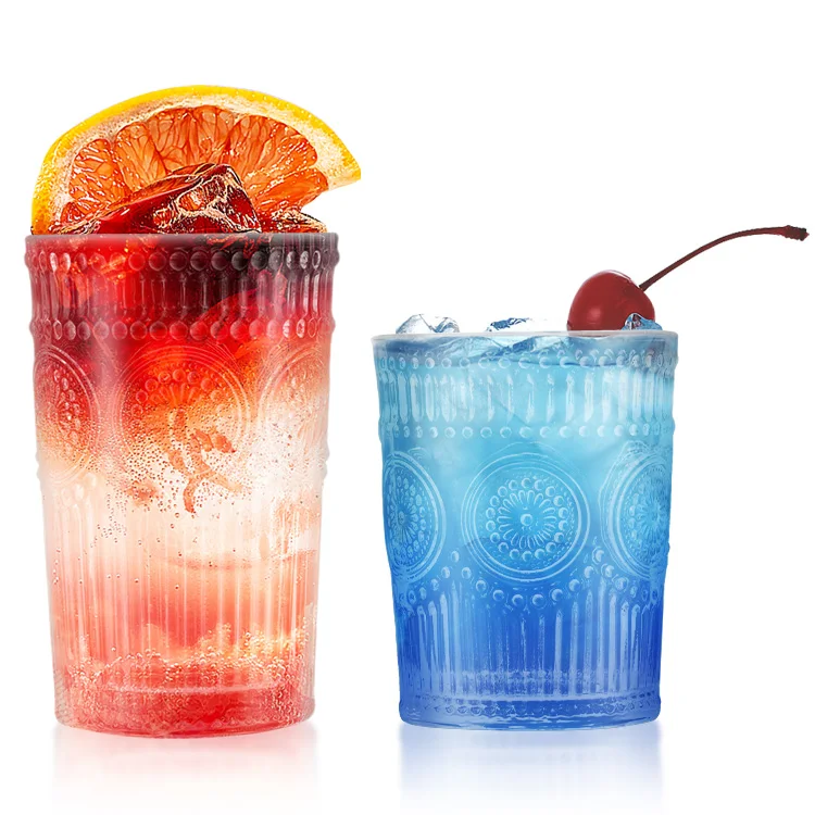 6 Pack 12oz Romantic Water Premium Drinking Glasses Tumblers Embossed Vintage Glassware Set for Juice Beverages Beer Cocktail