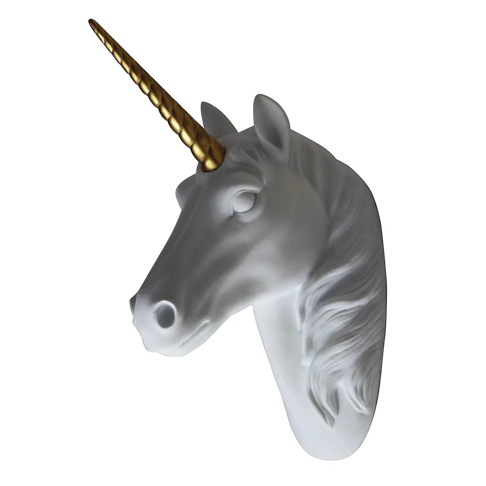 
GOLD Wall Mount White Unicorn Head Sculpture With Gold Horn Faux Resin Animal Head Wall Decor Ready To Hang - 10x5x13 In 