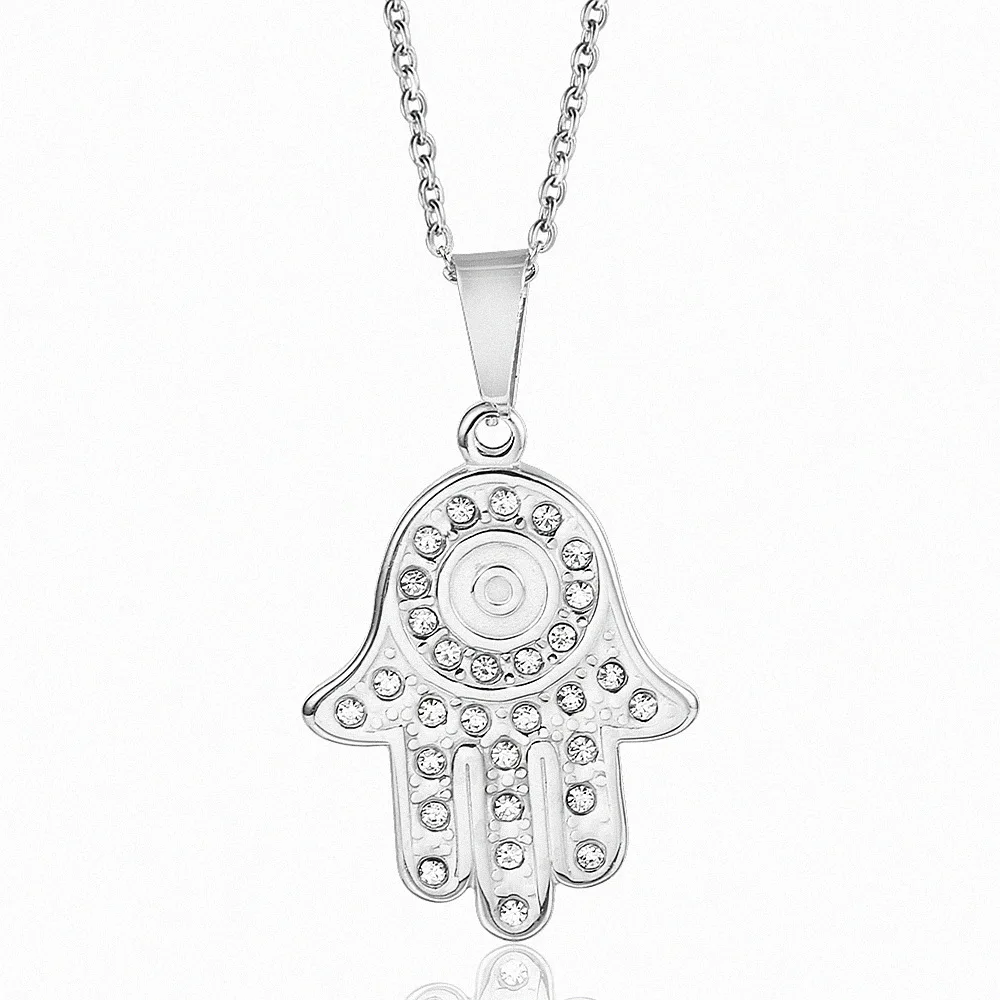  Fatima Palm Diamond Pendant Unisex Stainless Steel Necklace Titanium Jewelry 18K