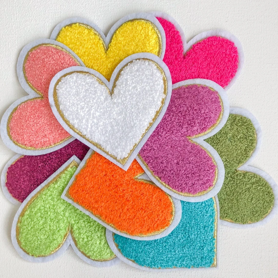 Wholesale Heart Chenille Patch 10 Colors, Towel Patch, Heart Custom Badges for Jackets Fuzzy Patches Accept Custom Designs