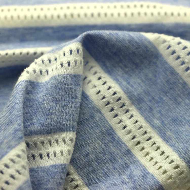 Stripe Grey Hole Single Jersey Mesh Fabric Knit Weft Jacquard Dobby Yarn Dyed Stripe Grey Hole Single Jersey Fabric for Garment