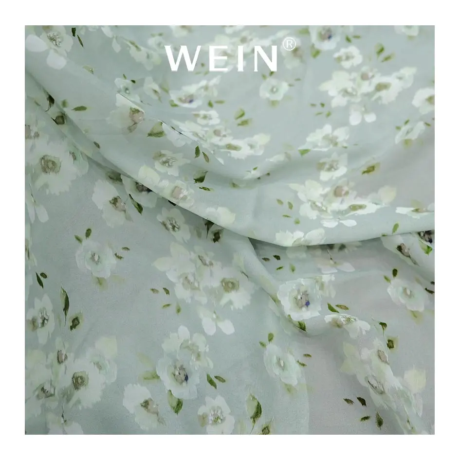VCS02-SM373 White Petals Chiffon Reactive Printing Fabric 70% Viscose 30% Silk Chiffon Material Fabric for Dress Clothing