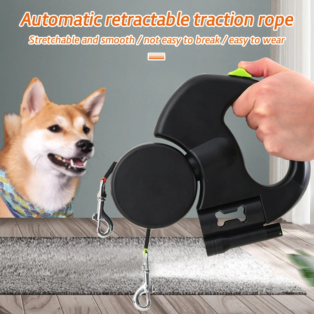 3 in 1 Portable Automatically Retractable Dog Leash Double-headed LED Pet Traction Leash With Poop Bag Dispenser