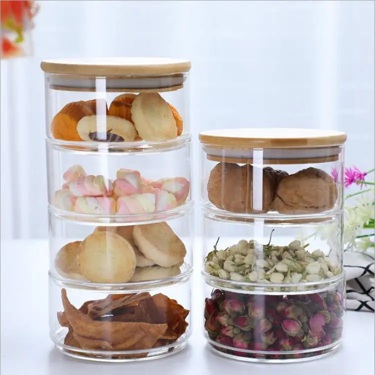 Home kitchen multilayer High Borosilicate Glass Storage Jar With Bamboo Lid
