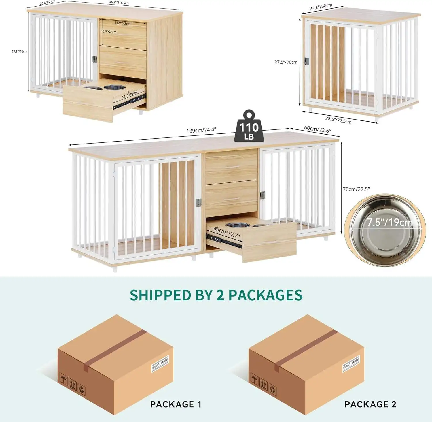Custom 2 Feeder Bowls Luxury Double Wooden And Iron Dog Crate Furniture Tv Stand With Room Divider Pet Table Cages