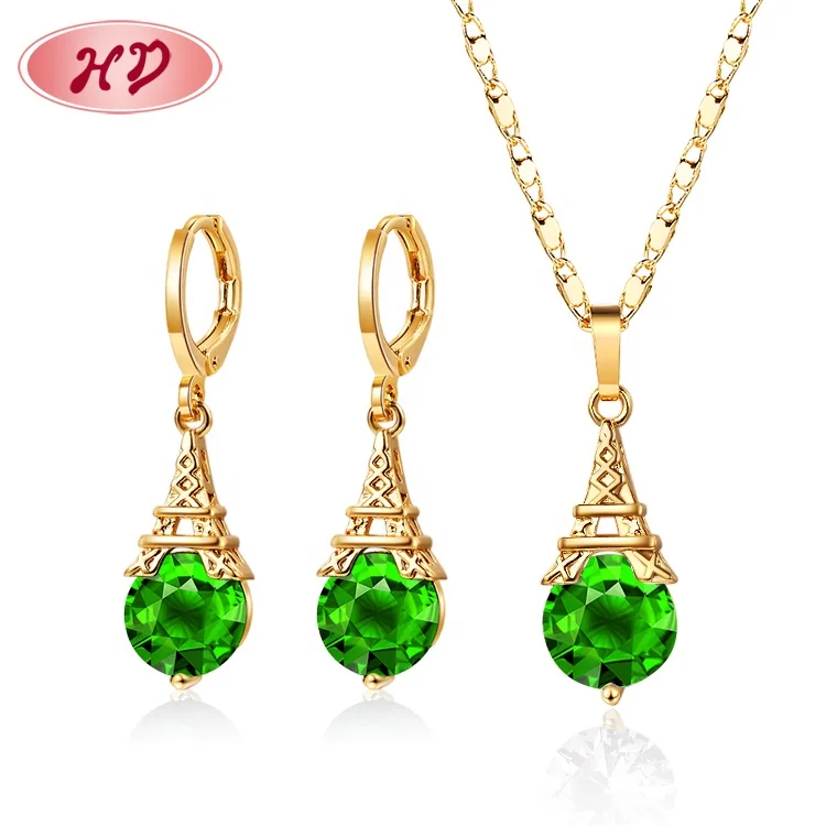 factory supply fashion accessory pink green white cubic zirconia  Eiffel Tower earrings and necklaces sets for women
