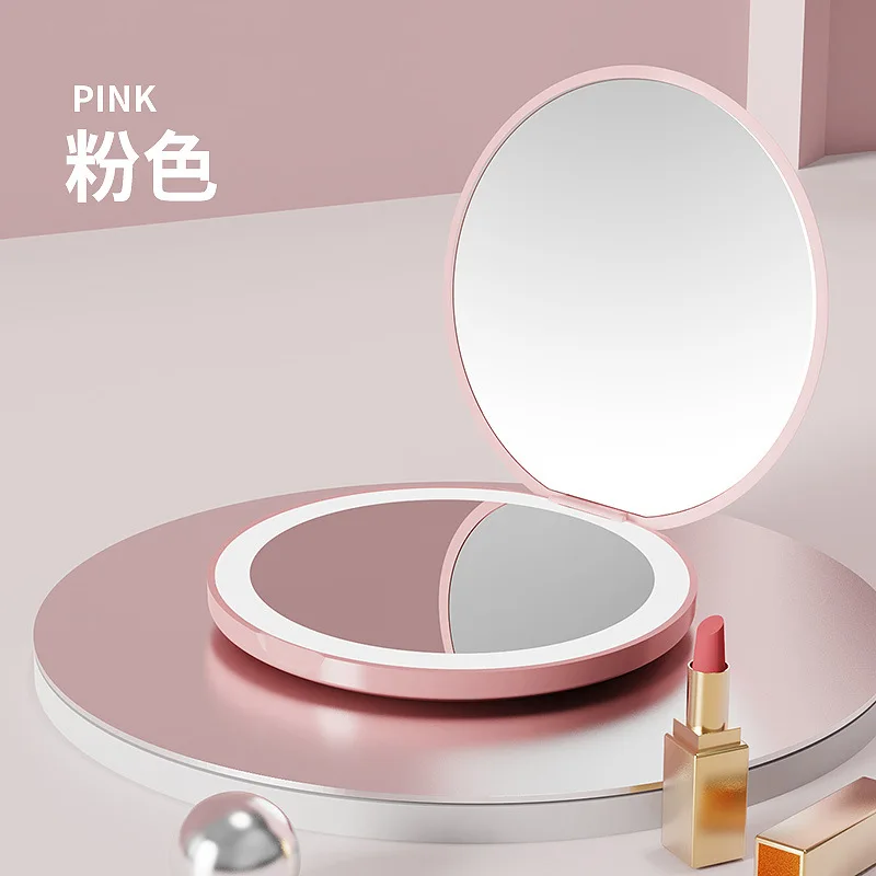 Wholesale Travel Portable LED Mirror Double Sides Foldable Cosmetic Compact Mirrors Custom Logo Hand Mirror With Led Light