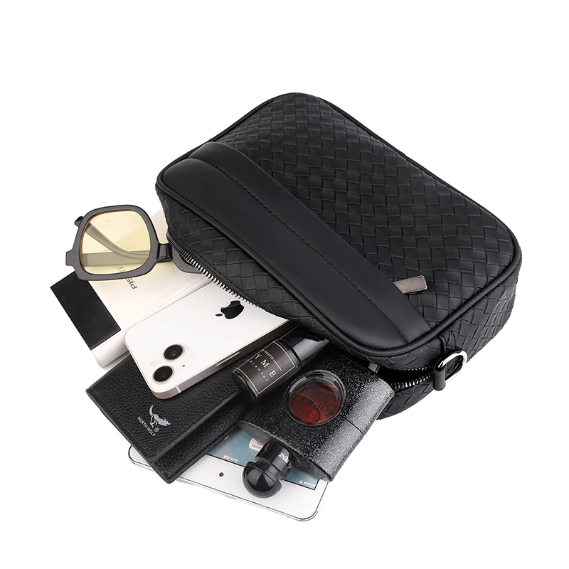 Custom Logo Leisure Crossbody Shoulder Bag Small Pu Leather Braid Message Bag with Zipper Lock for Man