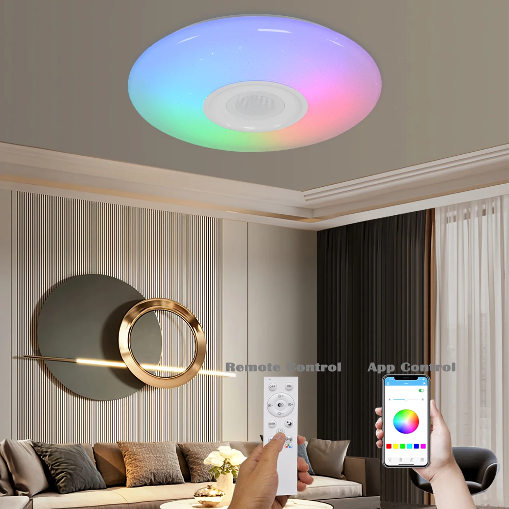 Bluetooth Speaker Music Rgb Smart Remote Control Dimmable Acrylic Round Light Ceil Flush Mount Modern Led Ceiling Light Fixture