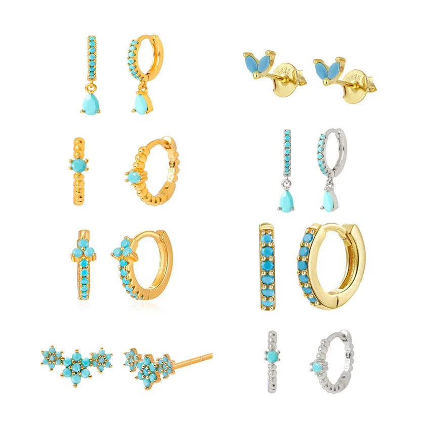 2023 Trendy INS Style Vintage Turquoise Kallite Stone Huggie Earrings for Girls Plated Brass Jewelry