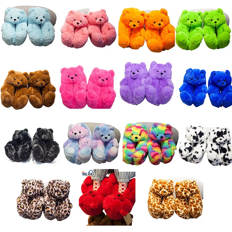 2021 New Winter Teddy Bears Slippers Fuzzy Fluffy House Fur Slippers Plush Teddy Bear Slippers For Women Girls